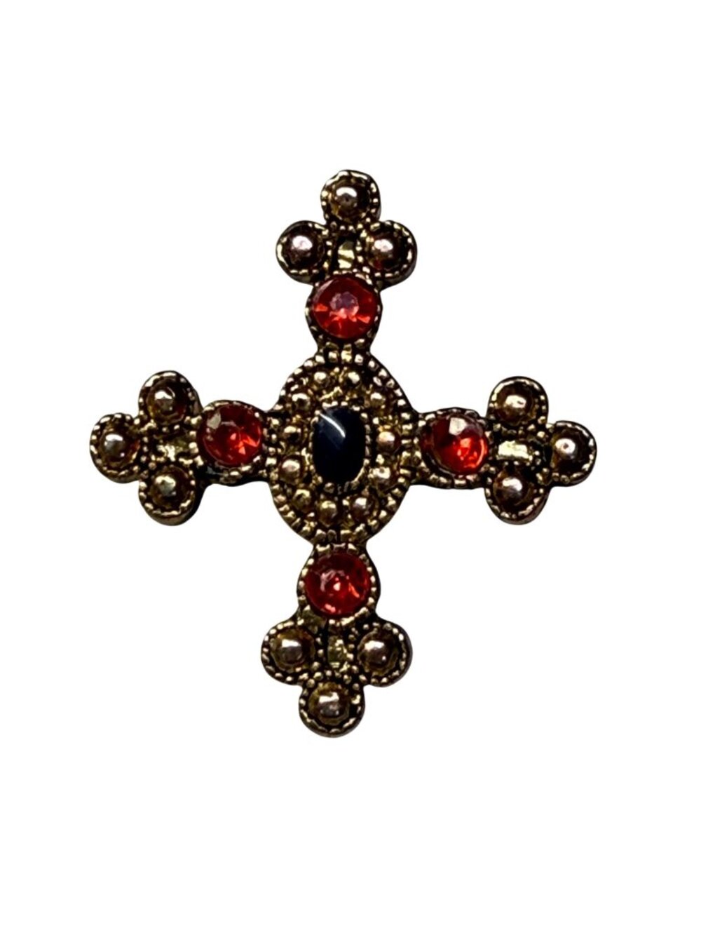 Vintage Ornate Cross Brooch Red & Black Faux Gemstones Gold-Tone Detailing